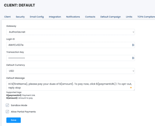 CloudContactAI SMS Invoice Payment Gateway Configuration